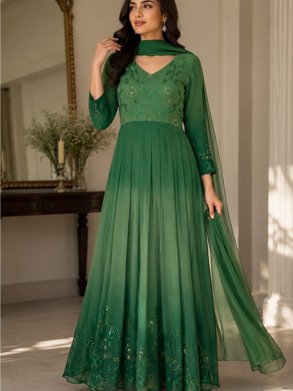 Ombré Green Embroidered desi Maxi Dress with scarf / shawl/ Dupatta  style.